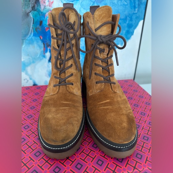 Tory Burch Miller 50MM Lug Sole Bootie Nat Suede/ Rhum-Port Women's Size 8.5 - Picture 6 of 12